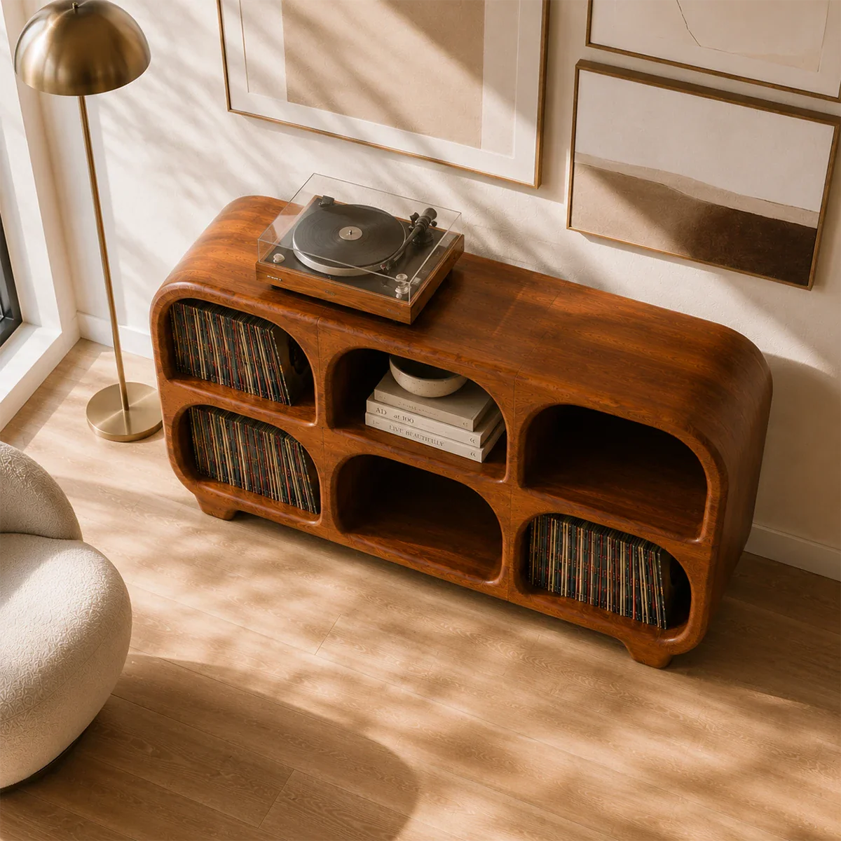 Elegant vinyl collection cabinet combining spacious LP storage and listening station design