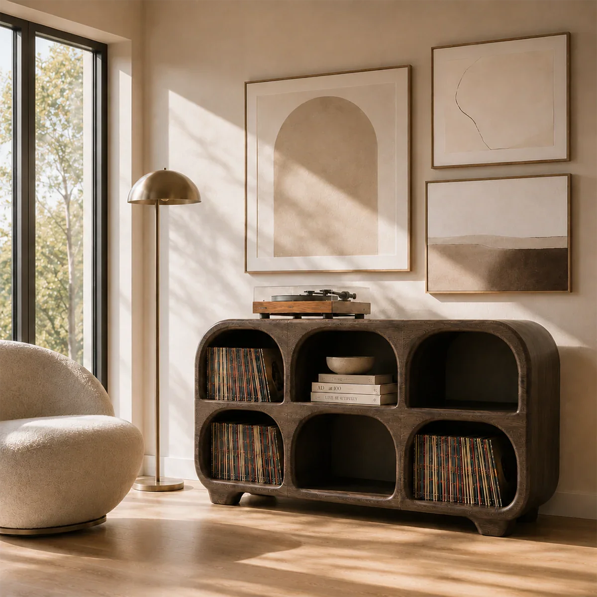 Sculptural media furniture designed for turntables, vinyl records, and audio accessories