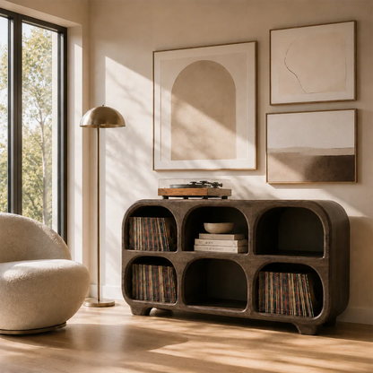 Sculptural media furniture designed for turntables, vinyl records, and audio accessories