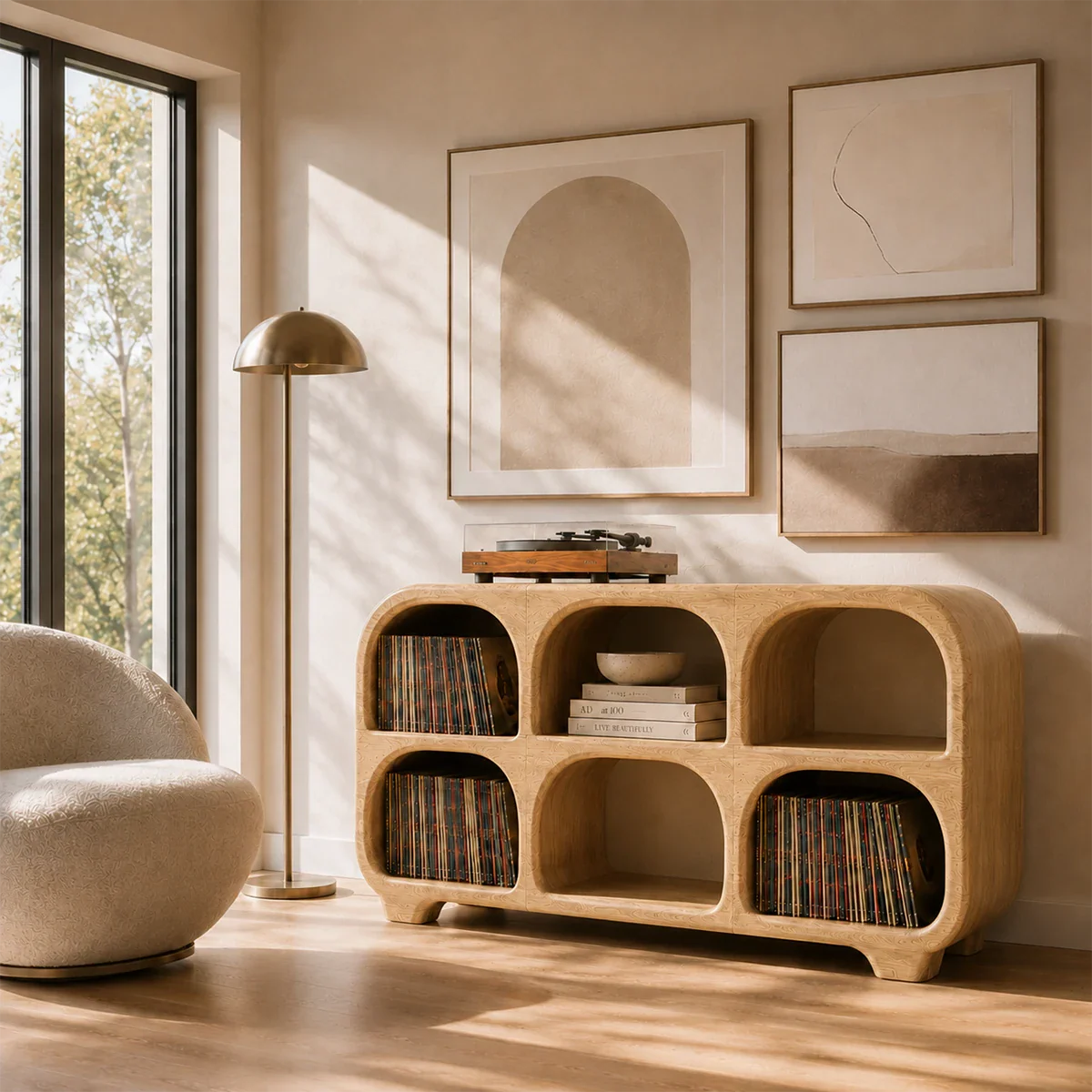 Minimalist vinyl record cabinet with rounded storage bays and turntable display platform