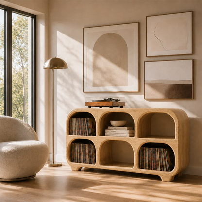 Minimalist vinyl record cabinet with rounded storage bays and turntable display platform
