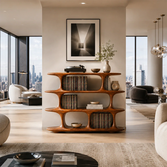 Architectural Natural Solid Wood Record Player Stand With Open Vinyl Shelves