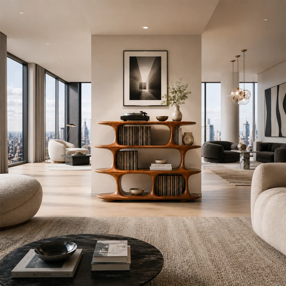 Architectural Natural Solid Wood Record Player Stand With Open Vinyl Shelves