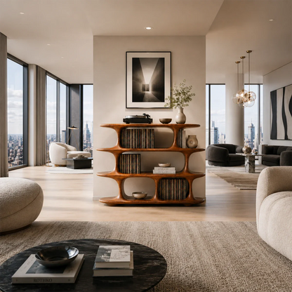 Architectural Natural Solid Wood Record Player Stand With Open Vinyl Shelves