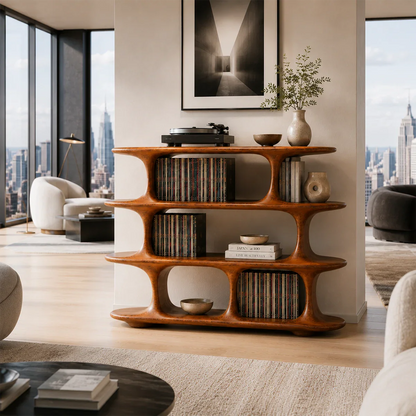 Architectural Natural Solid Wood Record Player Stand With Open Vinyl Shelves