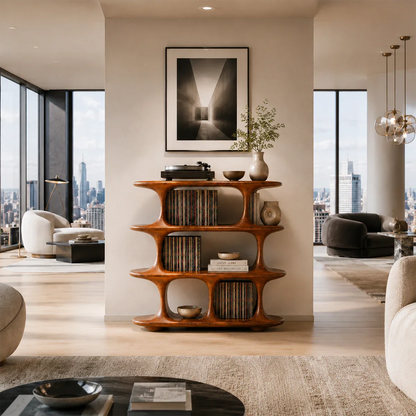 Architectural Natural Solid Wood Record Player Stand With Open Vinyl Shelves