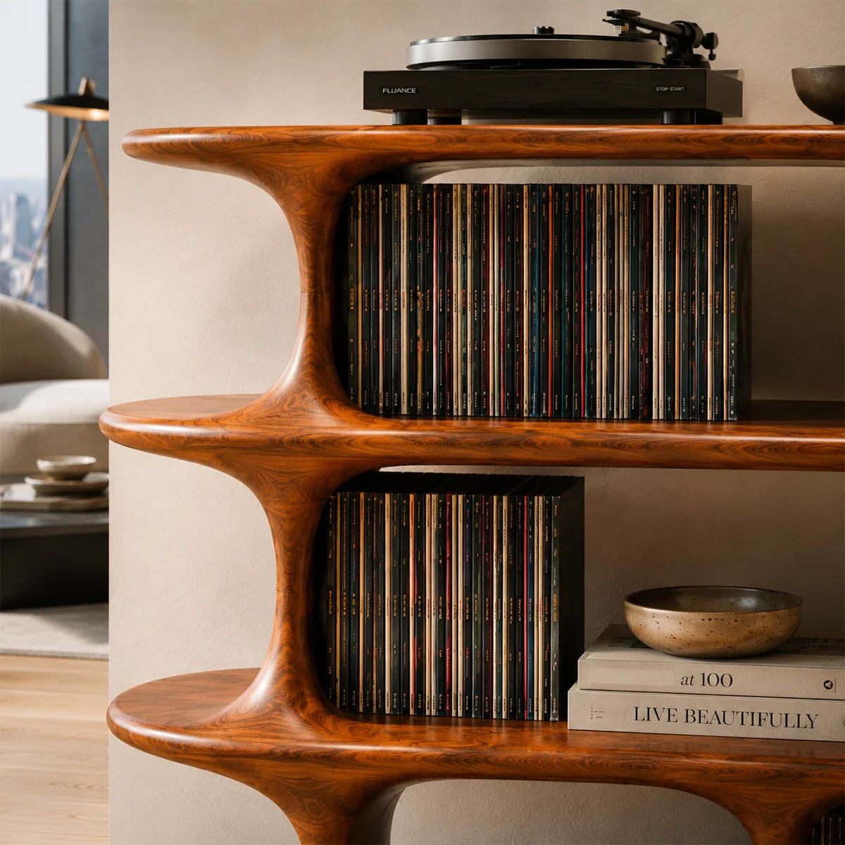 Architectural Natural Solid Wood Record Player Stand With Open Vinyl Shelves