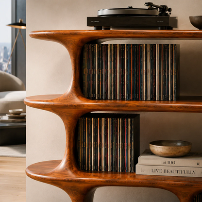 Architectural Natural Solid Wood Record Player Stand With Open Vinyl Shelves