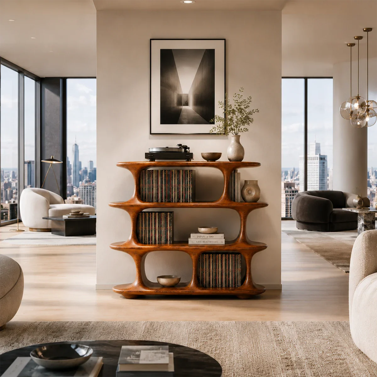 Architectural Natural Solid Wood Record Player Stand With Open Vinyl Shelves