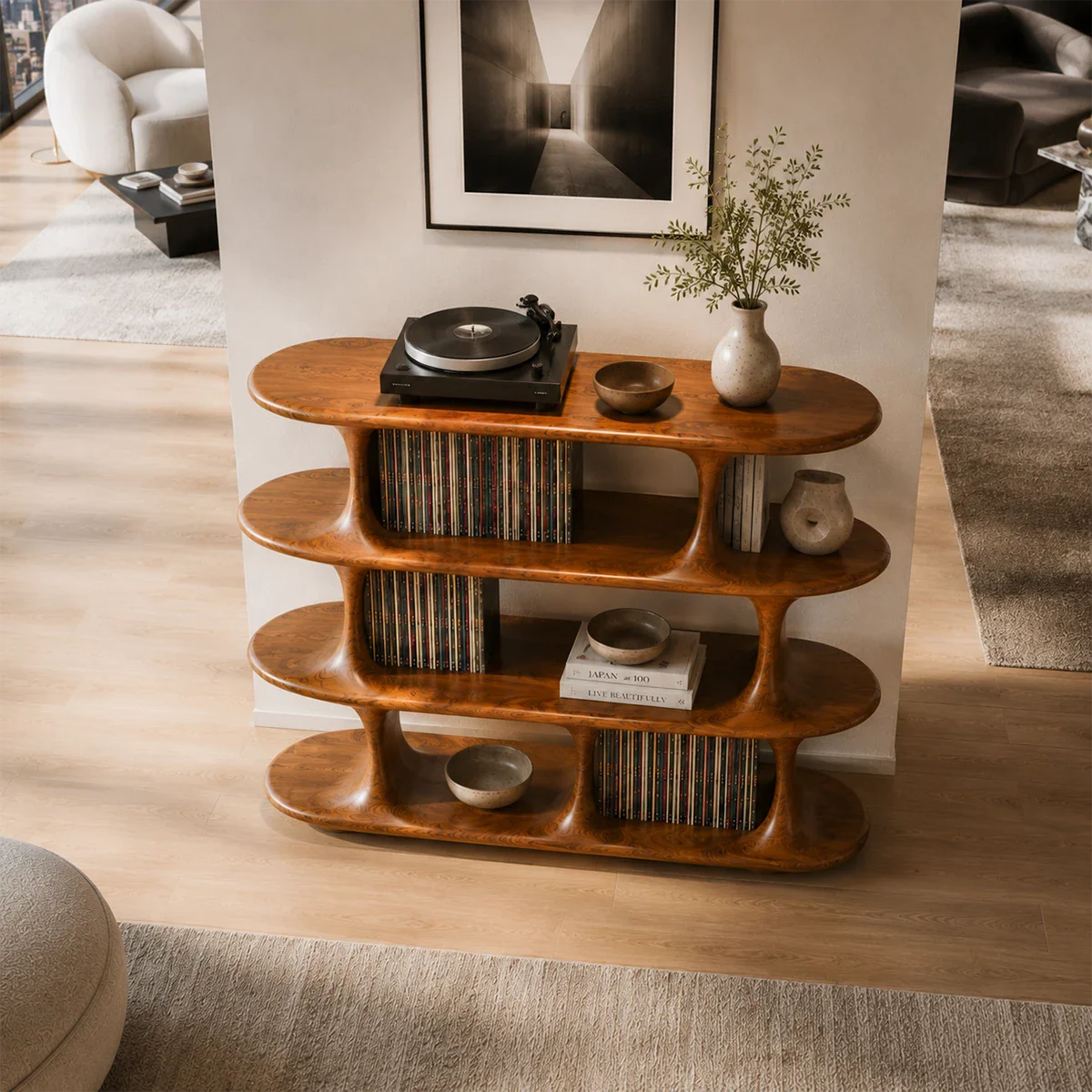 Architectural Natural Solid Wood Record Player Stand With Open Vinyl Shelves
