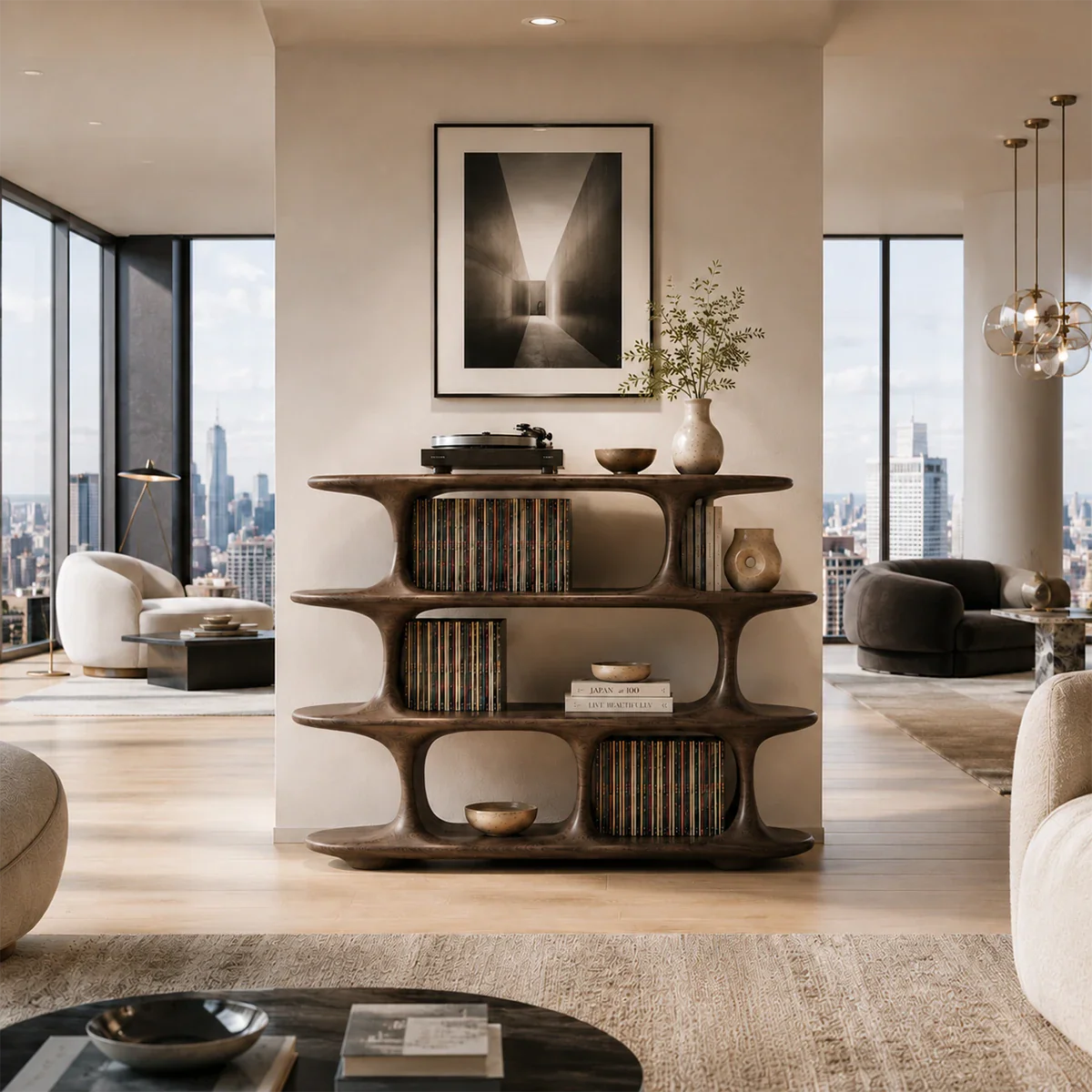 Architectural Natural Solid Wood Record Player Stand With Open Vinyl Shelves