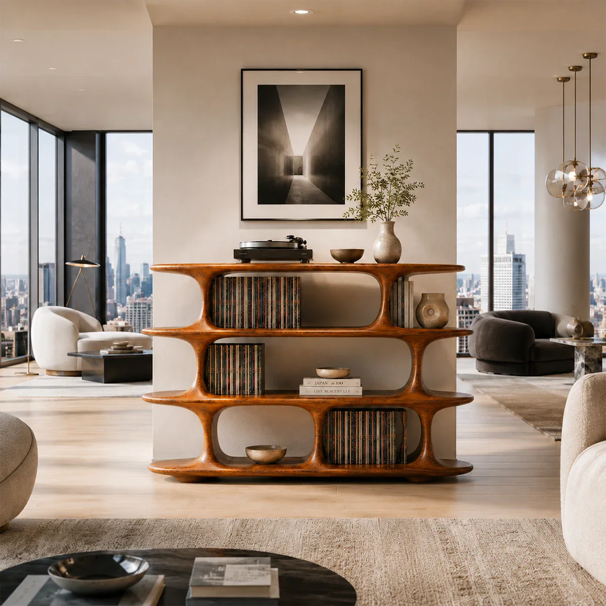 Architectural Natural Solid Wood Record Player Stand With Open Vinyl Shelves