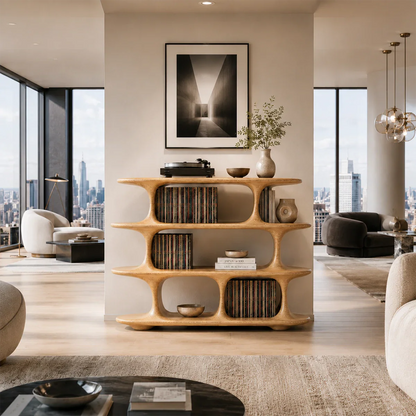 Architectural Natural Solid Wood Record Player Stand With Open Vinyl Shelves