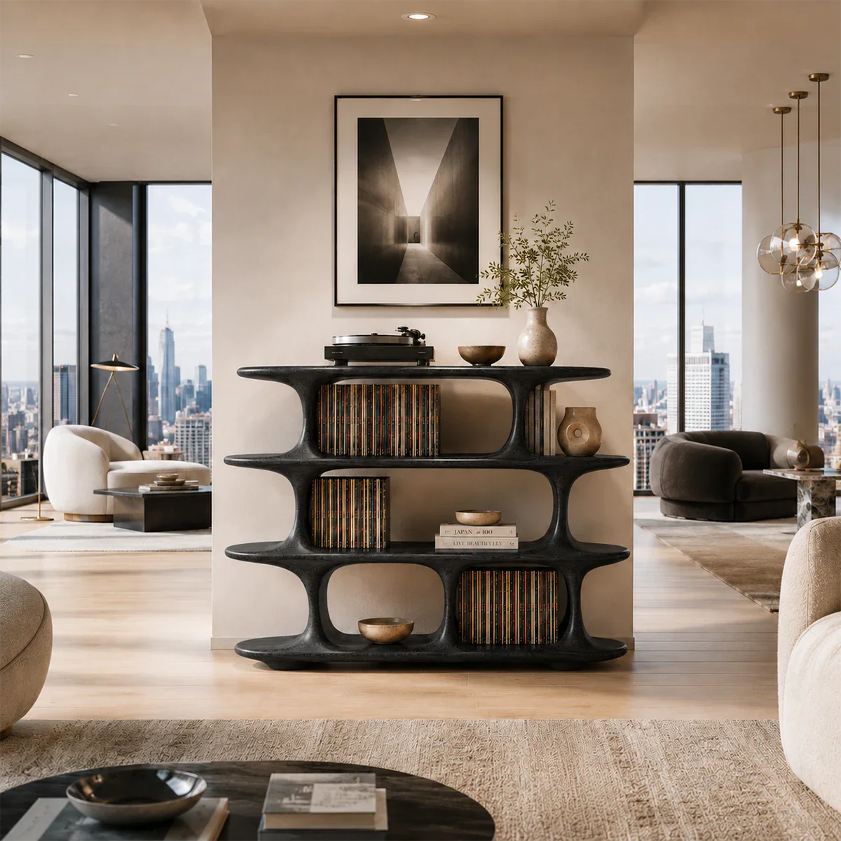 Architectural Natural Solid Wood Record Player Stand With Open Vinyl Shelves