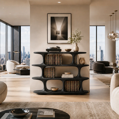 Architectural Natural Solid Wood Record Player Stand With Open Vinyl Shelves