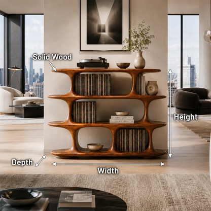 Architectural Natural Solid Wood Record Player Stand With Open Vinyl Shelves