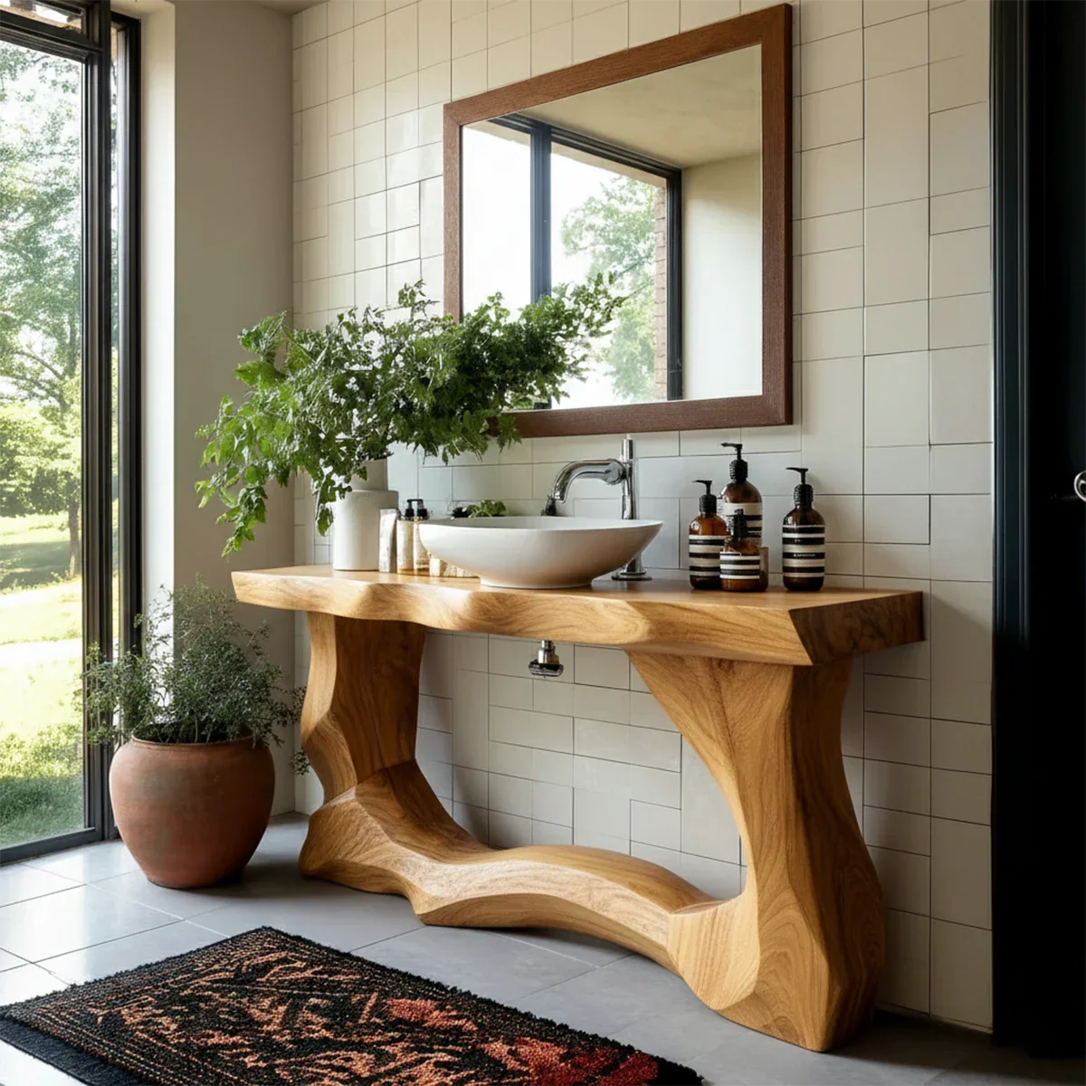 Elegant brown wood vanity with natural grain texture