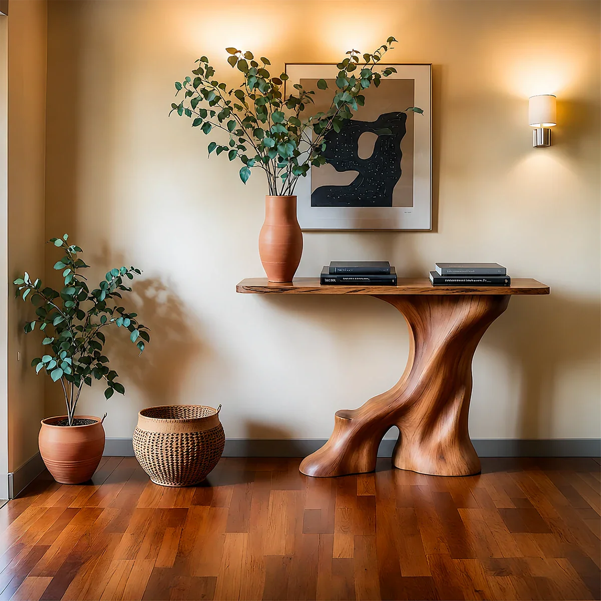 Modern Entryway Console Table Sculptural Base Natural Solid Wood Design