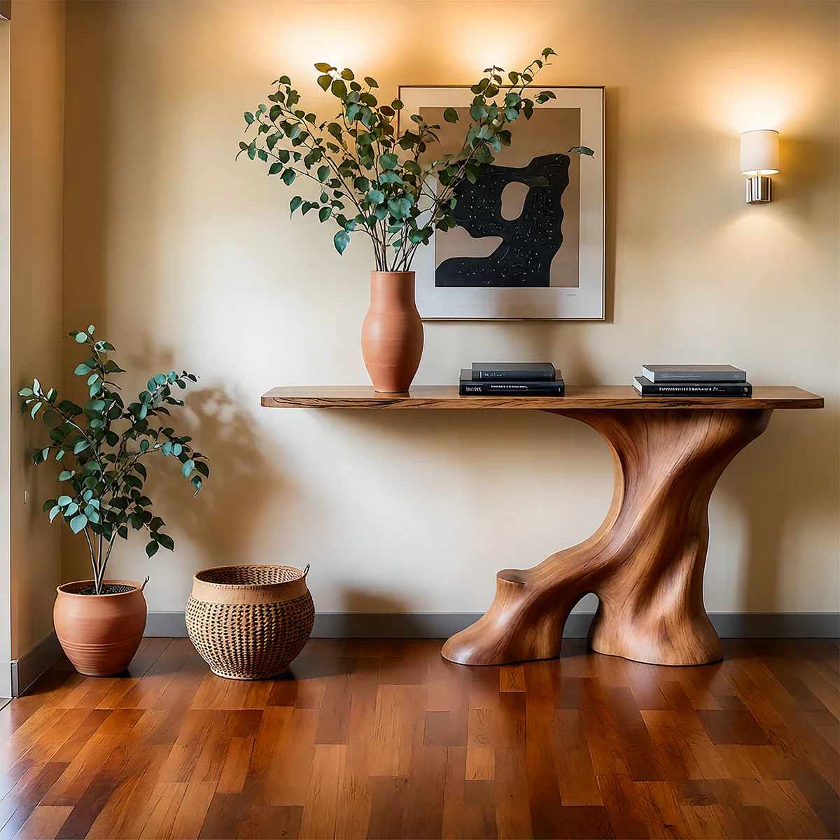 Modern Entryway Console Table Sculptural Base Natural Solid Wood Design