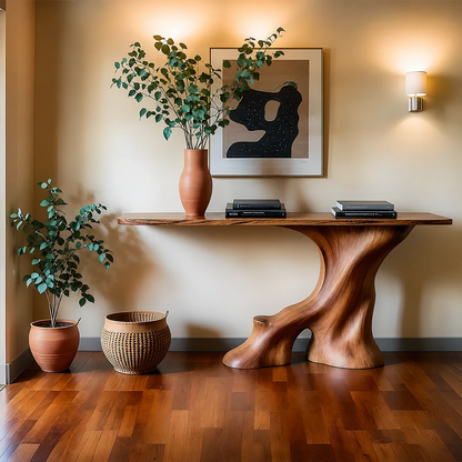 Modern Entryway Console Table Sculptural Base Natural Solid Wood Design