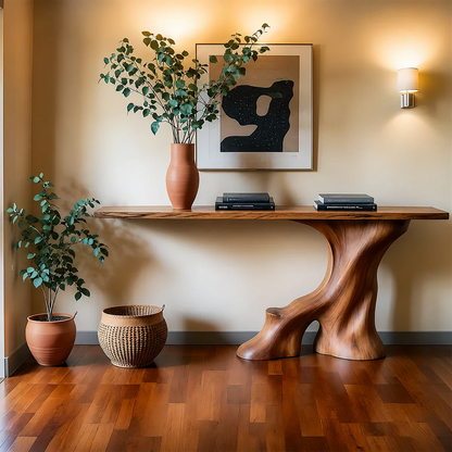 Modern Entryway Console Table Sculptural Base Natural Solid Wood Design