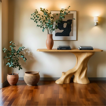Designer brown wood console table with natural form base