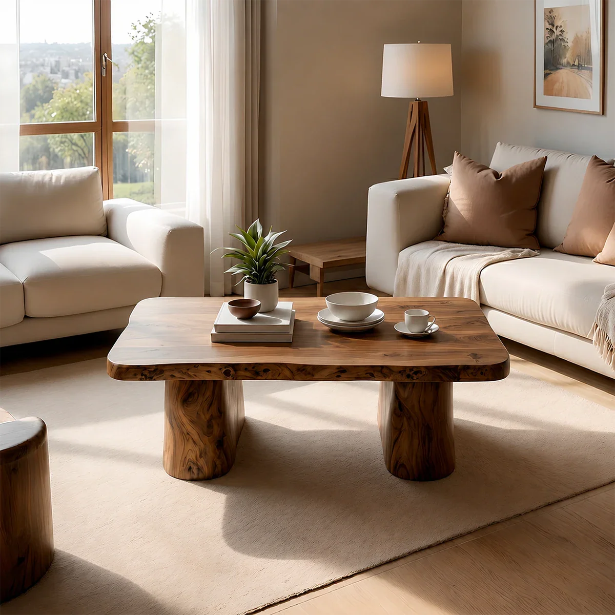 Minimal Luxury Low Coffee Table – Solid Wood Organic Living Room Table