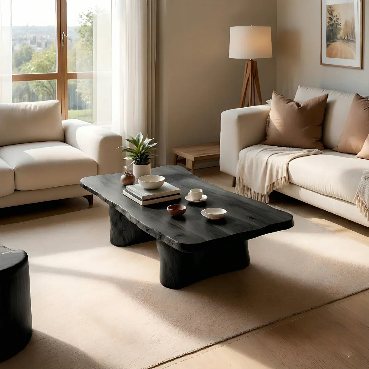 Designer walnut coffee table with raw wood texture