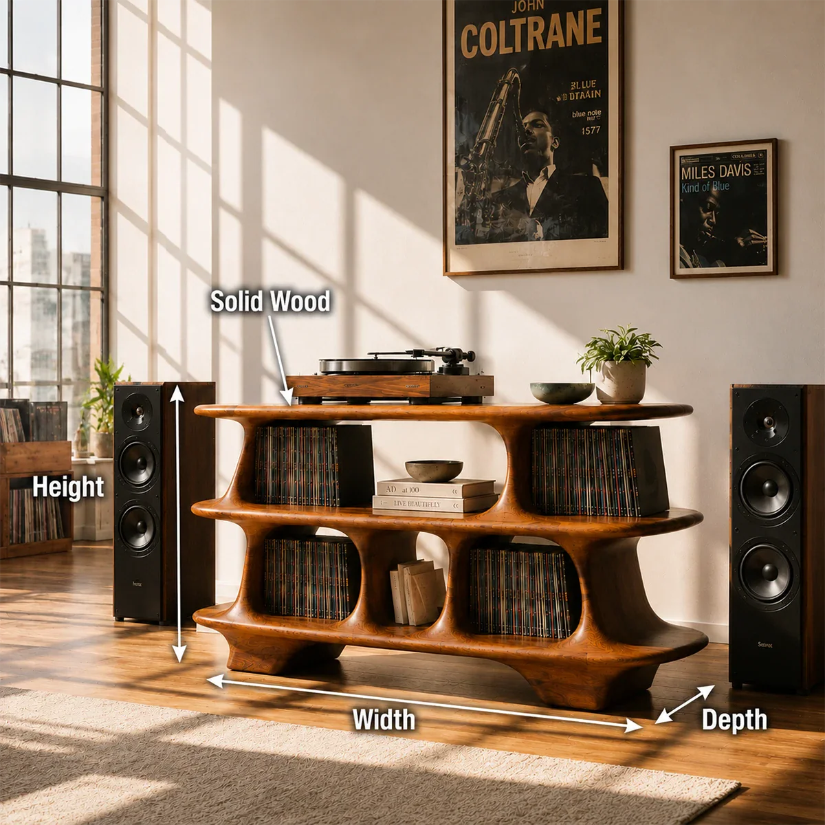 Architectural LP storage stand combining modern record organization and display space