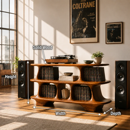 Architectural LP storage stand combining modern record organization and display space