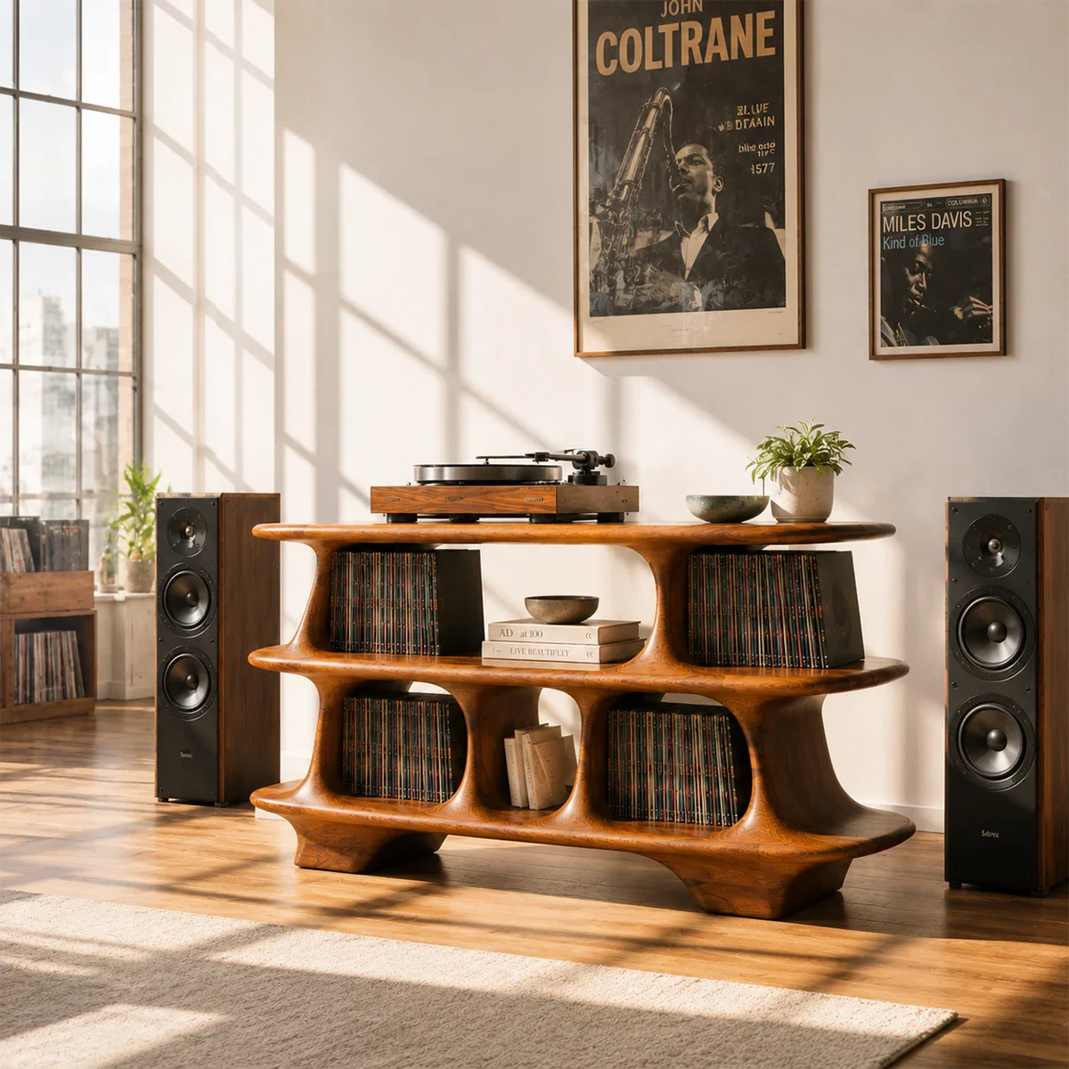 Audiophile vinyl record storage with turntable shelf and open LP display compartments