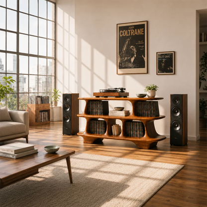 Modern turntable stand featuring spacious vinyl record storage and sculptural shelving