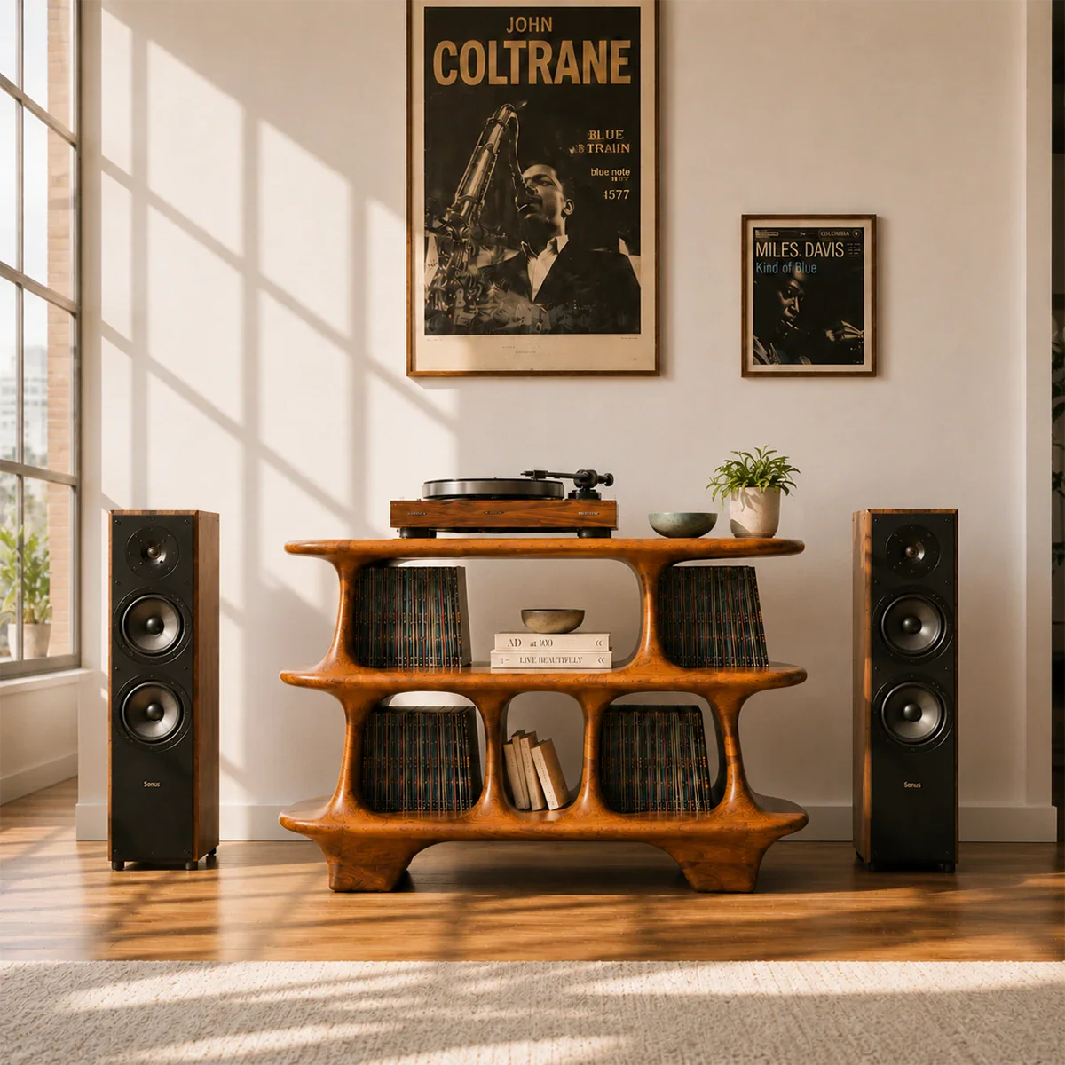Curved vinyl record furniture with open storage for turntable and music collections