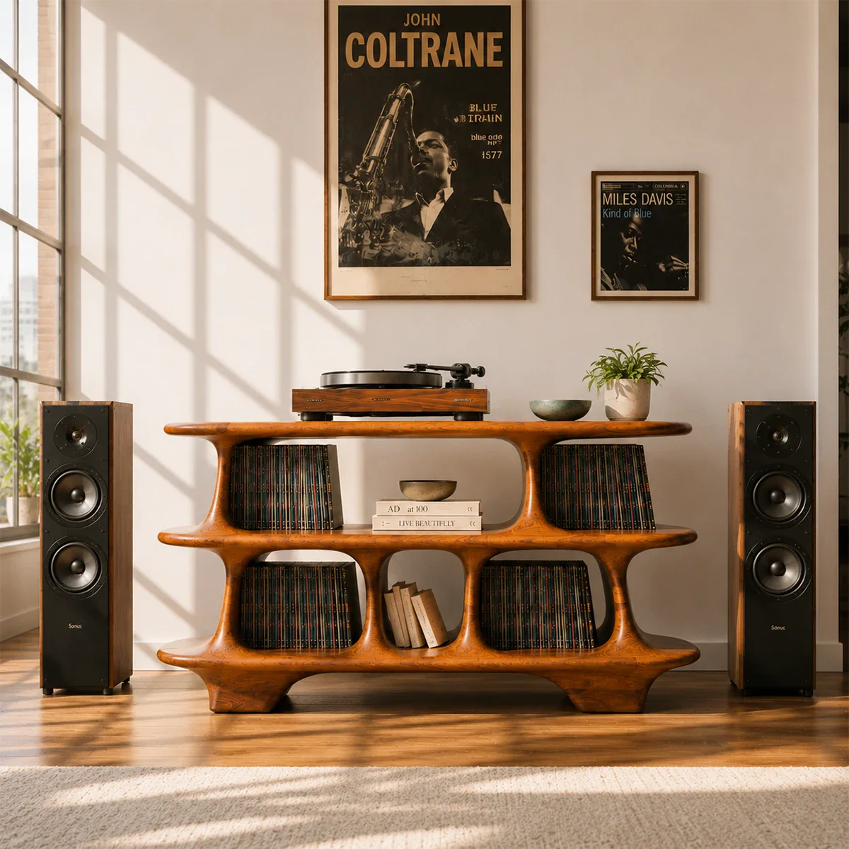 Contemporary vinyl media cabinet with open shelving for albums and turntable display