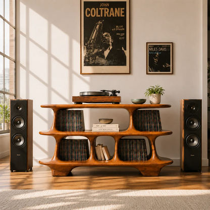 Contemporary vinyl media cabinet with open shelving for albums and turntable display