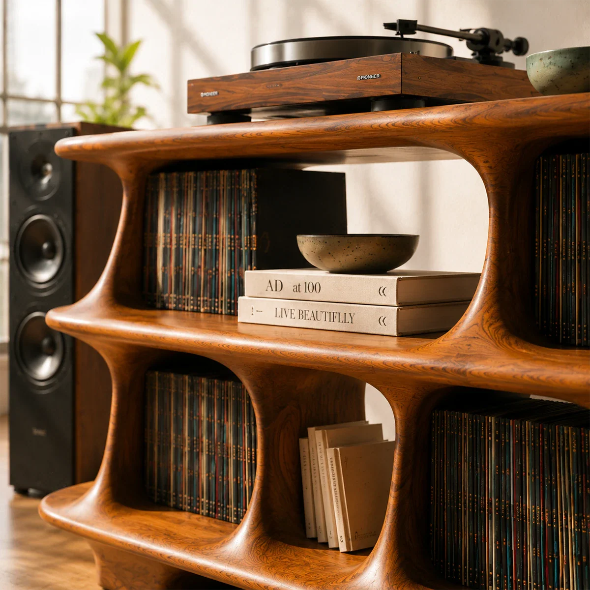 Designer record player furniture offering organized LP storage and display surface