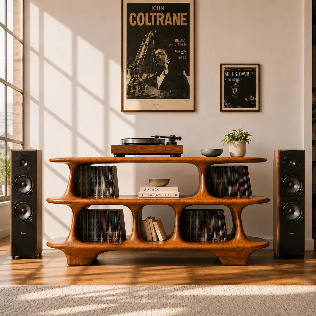 High-end record player stand featuring spacious album storage and sculptural design