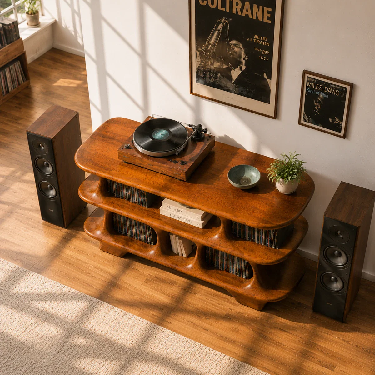 Elegant vinyl collection stand with rounded compartments for records and audio gear