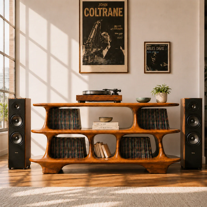 Organic vinyl collection storage featuring rounded shelving for records and audio gear