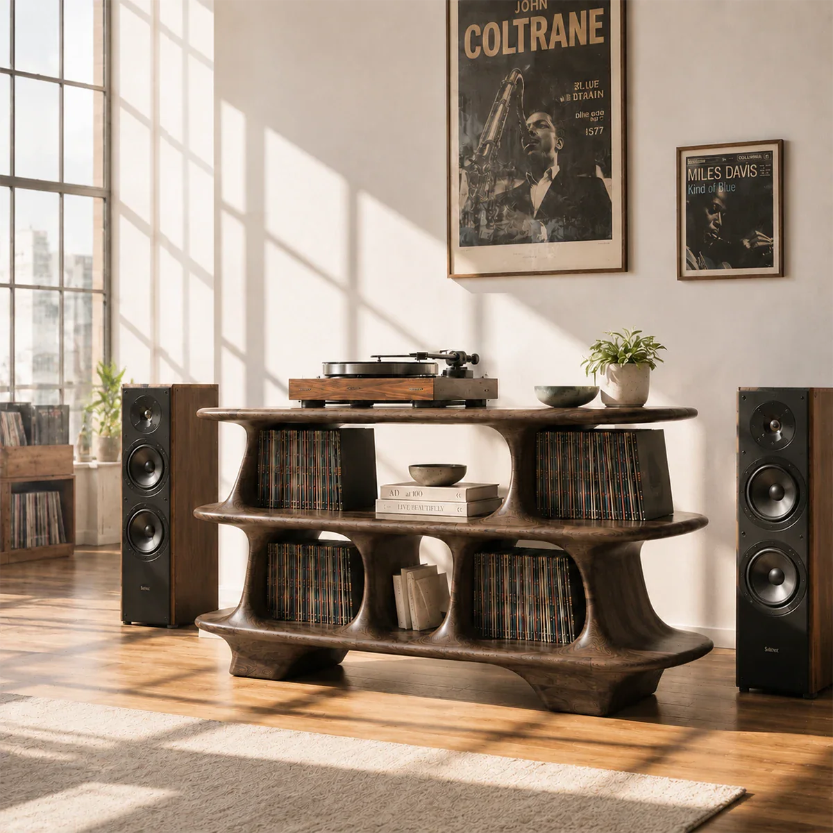 Sculptural audio console for vinyl records featuring generous open media storage