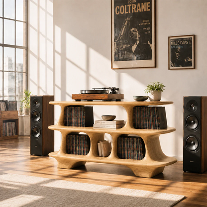 Luxury record storage cabinet with dedicated turntable platform and LP organization