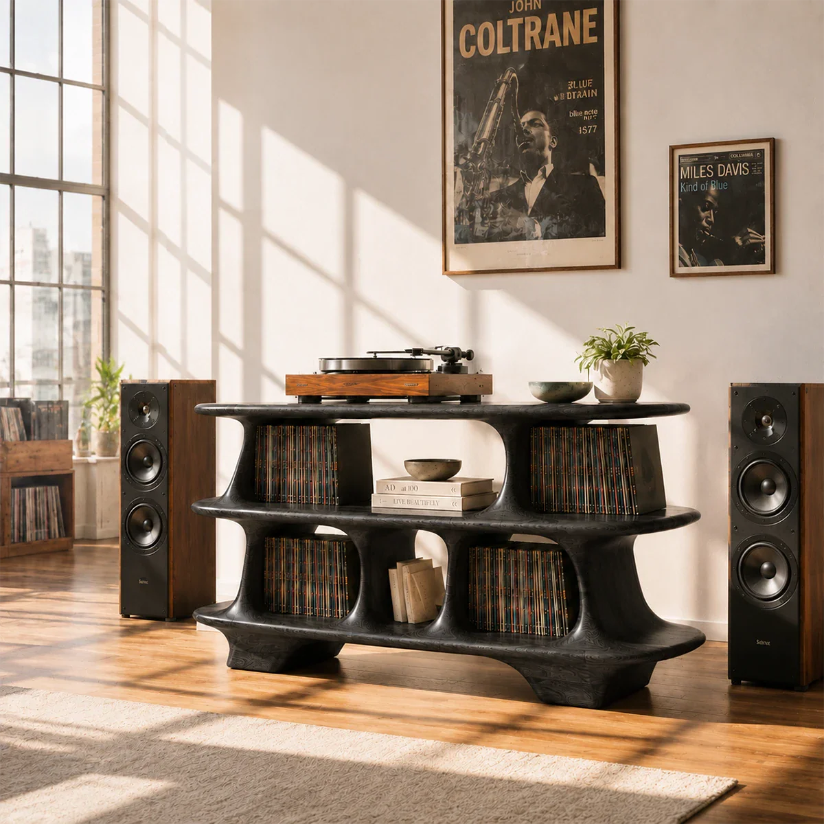 Minimalist vinyl organizer designed for turntables, albums, and home audio systems