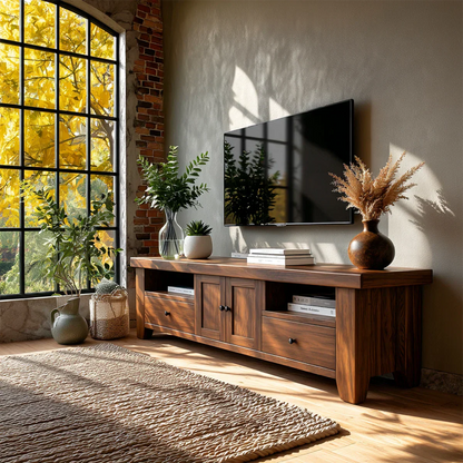 TV console with classic storage design placed by sunlit window with autumn foliage view