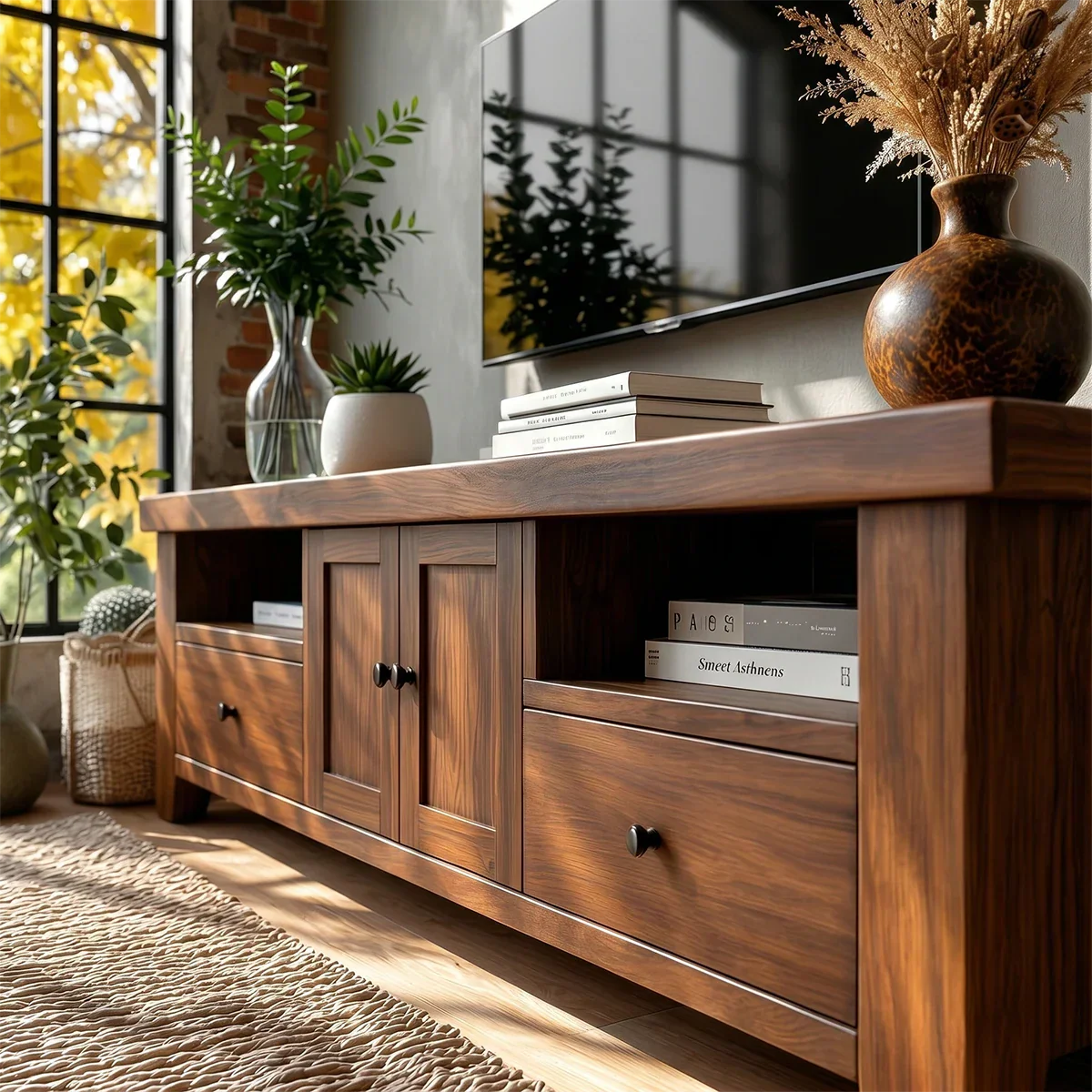 Natural wood TV stand with closed storage and open shelf in bright autumn-inspired interior