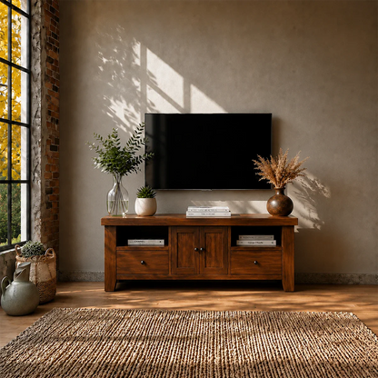 Natural Wood TV Stand with Drawers, Center Cabinet and Open Shelf for Modern Living Room
