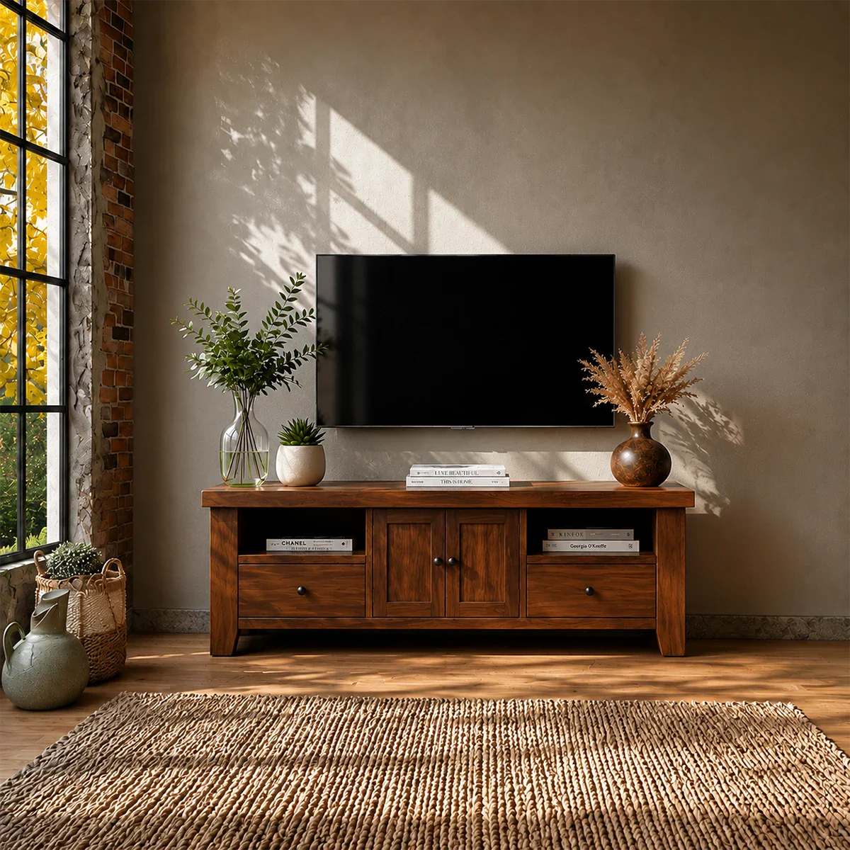 Natural Wood TV Stand with Drawers, Center Cabinet and Open Shelf for Modern Living Room