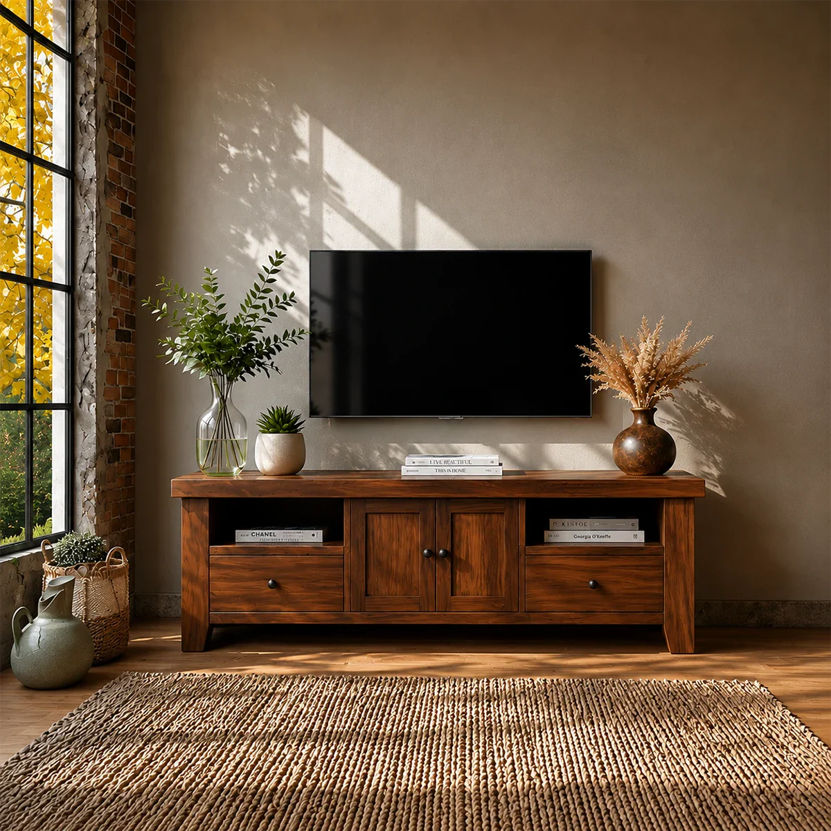 Natural Wood TV Stand with Drawers, Center Cabinet and Open Shelf for Modern Living Room