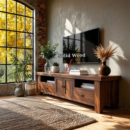 Classic TV console with practical storage set against window with golden seasonal view