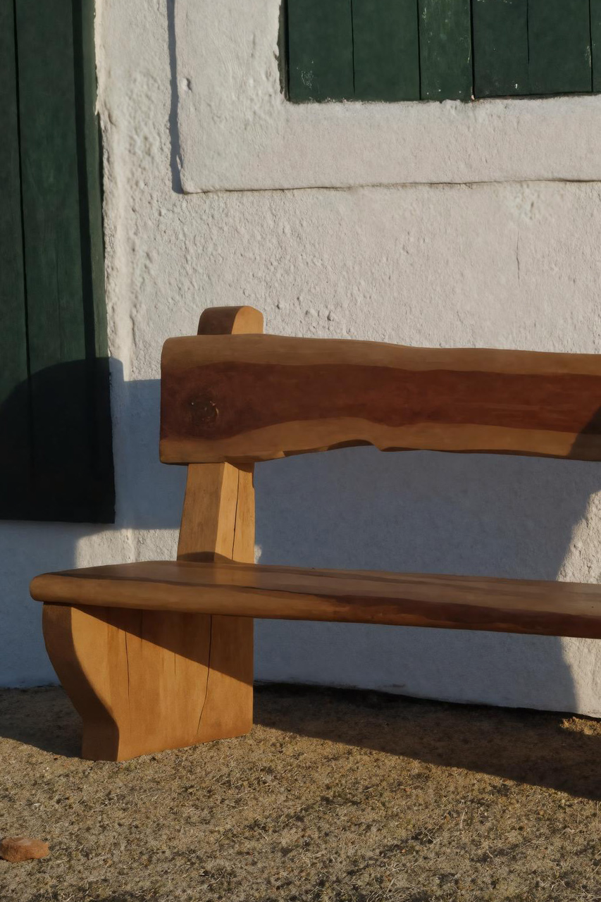 Rustic Organic Bench With Sculptural Armrest For Garden Or Entryway