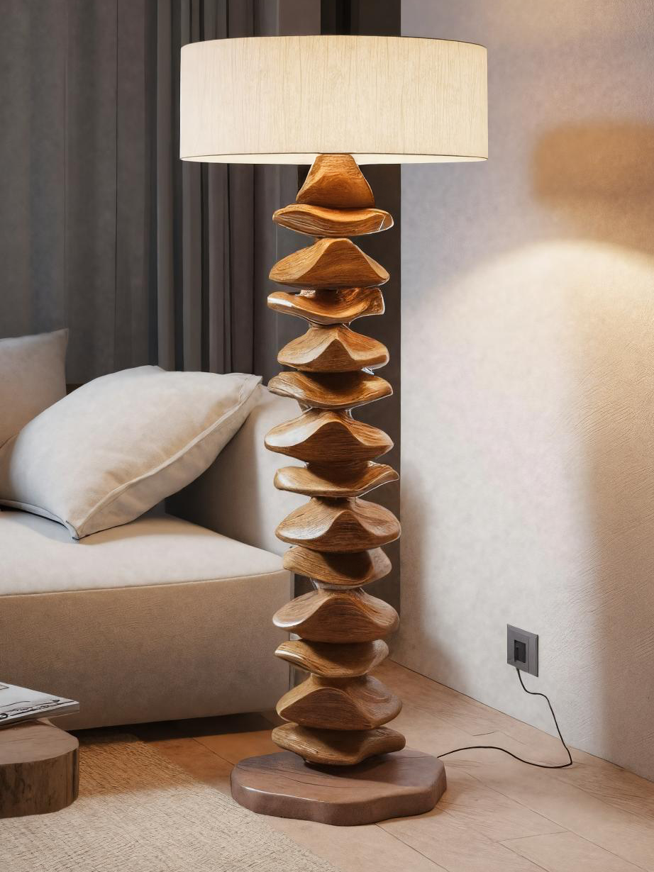 Handmade Sculptural Floor Lamp With Carved Base For Living Room